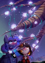 Size: 700x969 | Tagged: safe, artist:crybaby, princess luna, oc, oc:moonshine, alicorn, pony, unicorn, g4, blushing, collar, couple, crown, cute, dusk, flannel, flannel shirt, glowing flower, jewelry, looking up, magic, peytral, regalia, shipping, wholesome