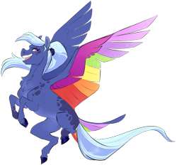 Size: 861x800 | Tagged: safe, artist:vindhov, oc, oc only, pegasus, pony, colored wings, commission, female, flying, magical lesbian spawn, mare, multicolored wings, offspring, open mouth, parent:princess luna, parent:rainbow dash, parents:lunadash, ponytail, rainbow wings, realistic horse legs, simple background, solo, spread wings, tail feathers, transparent background, wings