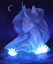 Size: 1653x2000 | Tagged: safe, artist:hazepages, oc, oc only, pony, unicorn, glowing flower, moon, night, night sky, sky, solo, stars, water