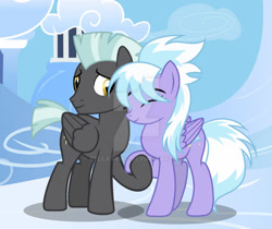 Size: 600x505 | Tagged: safe, artist:bellatrixc, artist:tharaxia, cloudchaser, thunderlane, pegasus, pony, g4, base used, cloudsdale, deviantart watermark, duo, eyes closed, female, male, obtrusive watermark, ship:thunderchaser, shipping, stallion, straight, watermark