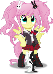 Size: 4016x5593 | Tagged: safe, artist:anime-equestria, angel bunny, fluttershy, pegasus, pony, rabbit, g4, alternate hairstyle, angel is a bunny bastard, angelkuma, animal, bipedal, boots, bow, clothes, crossover, cute, danganronpa, duality, female, hairpin, jewelry, junko enoshima, junkoshy, mare, monokuma, necklace, necktie, pigtails, shirt, shoes, shyabetes, simple background, skirt, smiling, solo, standing, transparent background, vector, wings