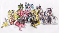 Size: 4490x2519 | Tagged: safe, artist:40kponyguy, derpibooru exclusive, earth pony, pony, akita neru, aku (vocaloid), belt, bipedal, clothes, ear fluff, female, gumi, hatsune miku, kasane teto, looking at you, mare, megurine luka, pigtails, pleated skirt, ponified, ponytail, seeu, simple background, skirt, traditional art, twintails, underhoof, vocaloid, yowane haku