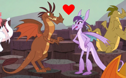 Size: 649x406 | Tagged: safe, edit, edited screencap, screencap, amarant, barry, billy, fizzle, prominence, dragon, g4, gauntlet of fire, my little pony: friendship is magic, crack shipping, cropped, dragon lands, dragoness, female, heart, male, promarry, shipping, straight