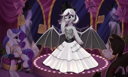 Size: 2048x1226 | Tagged: safe, artist:amishy, rarity, oc, bat pony, pony, unicorn, g4, bat pony oc, bipedal, bowtie, carousel boutique, clothes, cute, detailed background, dress, mirror