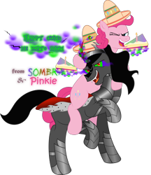 Size: 3980x4606 | Tagged: safe, artist:php178, derpibooru exclusive, king sombra, pinkie pie, earth pony, pony, umbrum, unicorn, g4, .svg available, 2021, absurd resolution, armor, aura, balloon, belly button, birthday, birthday cake, birthday candle, birthday candles, bubble, cake, candle, cape, cinco de mayo, cinco de mayo 2021, clothes, colored horn, curved horn, cute, dark magic, determined smile, diapinkes, ethereal mane, ethereal tail, eye, fangs, female, flowing mane, flowing tail, food, glowing, hoof around neck, hoof on head, horn, inkscape, king sombrero, larger male, levitation, lifted leg, lightning, looking at you, magic, magic aura, male, mane, mare, one eye closed, pinkie pie's birthday, ponies riding ponies, prancing, raised hoof, riding, robe, royal cape, scratch (font), shipping, shoes, simple background, smaller female, smiling, smiling at you, smoke, sombra eyes, sombra horn, sombradorable, sombrapie, sombrero, stallion, straight, svg, telekinesis, text, transparent background, vector, wall of tags, wink, winking at you