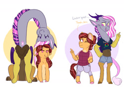 Size: 1280x960 | Tagged: safe, artist:moccabliss, oc, oc only, oc:cupcake, oc:pandora, draconequus, hybrid, pony, anthro, pandoraverse, chibi, clothes, female, interspecies offspring, lesbian, mare, oc x oc, offspring, offspring shipping, pants, parent:cheese sandwich, parent:discord, parent:pinkie pie, parent:twilight sparkle, parents:cheesepie, parents:discolight, shipping, shorts