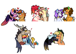 Size: 1280x909 | Tagged: safe, artist:queerhorses, applejack, cheese sandwich, discord, fluttershy, pinkie pie, quibble pants, rainbow dash, rarity, thunderlane, twilight sparkle, alicorn, draconequus, earth pony, pegasus, pony, unicorn, g4, alternate design, blushing, cheesity, crack shipping, female, heart, hug, lesbian, male, mane six, quibblelight, ship:discodash, ship:flutterpie, ship:thunderjack, shipping, simple background, straight, trans fluttershy, trans male, transgender, transparent background, twilight sparkle (alicorn)