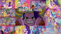 Size: 2000x1125 | Tagged: safe, edit, edited screencap, editor:quoterific, screencap, alpine aspen, cherry flyaway, delightful trifle, feather clips, glory (g5), hitch trailblazer, izzy moonbow, jazz hooves, lemon gear, minty skylark, misty brightdawn, nightmare moon, peach fizz, pipp petals, plum library, rufus, seashell (g5), sugarpuff lilac, sunny starscout, earth pony, pegasus, pony, unicorn, g5, my little pony: tell your tale, nightmare night party, spoiler:g5, spoiler:my little pony: tell your tale, amalgamation, amalgamizzy, cosplay, costume, female, jewelry, male, mane stripe sunny, mare, medallion, monster party (song), necklace, nightmare moon armor, nightmare night costume, nightmare sunny, pippsqueak trio, pippsqueaks, stallion, the grady girls