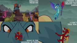 Size: 1280x720 | Tagged: safe, edit, edited screencap, editor:quoterific, screencap, amarant, ballista, barry, billy, dragon lord torch, garble, princess ember, prominence, rex, spear (g4), dragon, g4, gauntlet of fire, my little pony: friendship is magic, season 6, dragoness, eyes closed, female, flying, male, open mouth, open smile, smiling, spread wings, wings