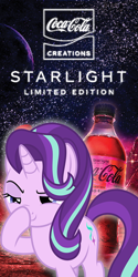 Size: 300x600 | Tagged: safe, starlight glimmer, pony, unicorn, g4, my little pony: friendship is magic, no second prances, season 6, advertisement, boop, caption, coca-cola, drink, female, glimmerposting, image macro, mare, meme, namesake, pun, raised eyebrow, self-boop, shitposting, smiling, smirk, soda, solo, space, starlight coca-cola, stars, text, visual pun