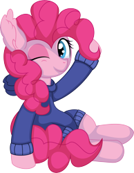 Size: 5742x7392 | Tagged: safe, artist:cyanlightning, pinkie pie, earth pony, pony, g4, .svg available, absurd resolution, clothes, female, hoodie, looking at you, mare, one eye closed, simple background, smiling, solo, transparent background, vector, wink