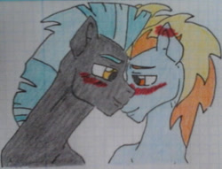 Size: 1057x807 | Tagged: safe, artist:tejedora, lightning streak, thunderlane, pegasus, pony, g4, blue coat, blue mane, blushing, bust, ear blush, gay, graph paper, gray coat, lidded eyes, looking at each other, looking at someone, male, orange eyes, orange mane, ship:thunderstreak, shipping, smiling, stallion, traditional art