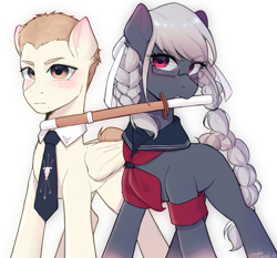 Size: 2134x1993 | Tagged: safe, artist:xiaowu07, derpibooru exclusive, earth pony, pegasus, pony, anime, danganronpa, danganronpa 2, duo, duo male and female, female, fuyuhiko kuzuryuu, glasses, male, mare, peko pekoyama, ponytail, simple background, stallion, white background