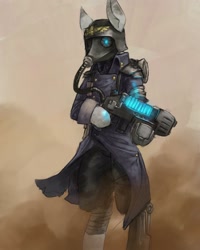 Size: 2400x3000 | Tagged: safe, artist:blvckmagic, oc, oc only, cyborg, earth pony, pony, semi-anthro, adeptus mechanicus, amputee, arm hooves, bandage, bipedal, clothes, crossover, gun, helmet, high res, mask, plasma gun, plasma rifle, prosthetic leg, prosthetic limb, prosthetics, soldier, solo, warhammer (game), warhammer 40k, weapon