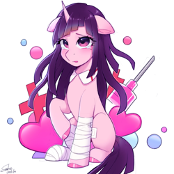 Size: 2048x2048 | Tagged: safe, artist:xiaowu07, pony, unicorn, anime, cute, danganronpa, danganronpa 2, female, high res, mare, mikan tsumiki, simple background, sitting, solo, syringe, white background