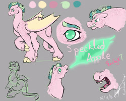 Size: 3000x2400 | Tagged: safe, artist:nightshadetheranger, oc, oc:speckled apple, dracony, dragon, hybrid, kilalaverse, pandoraverse, fire, fire breath, gray background, high res, interspecies offspring, male, nudity, offspring, offspring's offspring, parent:oc:peachy keen, parent:oc:turquoise blitz, sheath, simple background, solo