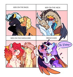 Size: 1041x1097 | Tagged: safe, artist:queerhorses, applejack, discord, fluttershy, pinkie pie, rainbow dash, rarity, thunderlane, twilight sparkle, alicorn, draconequus, earth pony, pegasus, pony, unicorn, g4, alternate design, blush sticker, blushing, chest fluff, colored wings, female, fluffy, french, gradient wings, grin, kissing, lesbian, male, mare, neck kiss, nuzzling, ship:discodash, ship:flutterpie, ship:rarilight, ship:thunderjack, shipping, smiling, stallion, straight, twilight sparkle (alicorn), wings