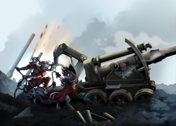 Size: 2800x2000 | Tagged: safe, artist:28gooddays, oc, oc only, pony, rat, unicorn, adeptus mechanicus, artillery, broken horn, clothes, crossover, high res, horn, uniform, warhammer (game), warhammer 40k