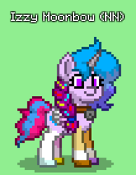 Size: 660x852 | Tagged: safe, izzy moonbow, pony, unicorn, pony town, g5, my little pony: tell your tale, nightmare night party, spoiler:g5, spoiler:my little pony: tell your tale, amalgamation, amalgamizzy, badge, clothes, costume, fake wings, green background, implied hitch trailblazer, implied pipp petals, implied sunny starscout, implied zipp storm, multi-parts, nightmare night, nightmare night costume, simple background, solo