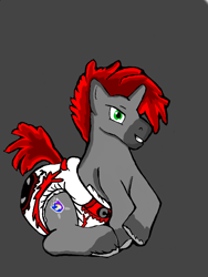 Size: 512x680 | Tagged: safe, artist:cavewolfphil, oc, oc only, pony, unicorn, diaper, diaper fetish, fetish, gray background, hellaverse, helluva boss, loona (helluva boss), male, non-baby in diaper, simple background, sit, sitting, solo, stallion