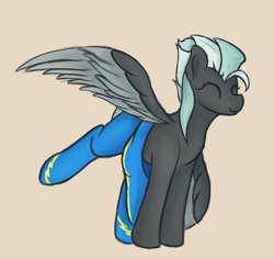 Size: 1388x1312 | Tagged: source needed, safe, artist:ahorseofcourse, thunderlane, pegasus, pony, g4, beige background, clothes, cute, eyes closed, lightningroad, rule 63, simple background, smiling, solo, spread wings, undressing, uniform, wings, wonderbolts uniform