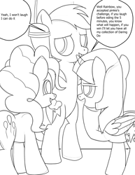 Size: 1480x1920 | Tagged: safe, artist:theponytickler, pinkie pie, rainbow dash, twilight sparkle, alicorn, earth pony, pegasus, pony, g4, bondage, female, implied tickling, mare, monochrome, simple background, tied up, trio, trio female, twilight sparkle (alicorn), white background