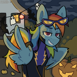 Size: 2048x2048 | Tagged: safe, artist:crashbrush, rainbow dash, pegasus, pony, mlp fim's fourteenth anniversary, g4, luna eclipsed, my little pony: friendship is magic, clothes, costume, ear fluff, feathered wings, female, garland, halloween, halloween costume, holiday, jack-o-lantern, looking at you, mare, multicolored hair, nightmare night costume, outdoors, pumpkin, shadowbolt dash, shadowbolts costume, smiling, smiling at you, solo, wing gesture, wings