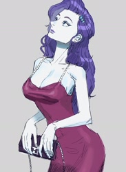 Size: 1615x2203 | Tagged: safe, artist:ridovax, rarity, human, equestria girls, g4, bag, breasts, cleavage, clothes, dress, ear piercing, earring, female, gray background, hairclip, handbag, jewelry, piercing, simple background, solo