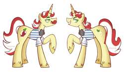 Size: 3100x1800 | Tagged: safe, artist:abonne01, flam, flim, unicorn, g4, bowtie, brothers, clothes, duo, duo male, flim flam brothers, horn, male, profile, raised hoof, rolled up sleeves, shirt, siblings, simple background, smiling, transparent background, vest