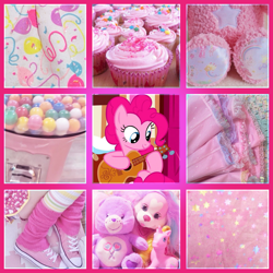 Size: 1280x1280 | Tagged: safe, artist:pixiecutz, edit, edited screencap, screencap, pinkie pie, dog, earth pony, unicorn, g4, honest apple, my little pony: friendship is magic, acoustic guitar, balloon, blanket, candy, care bears, clothes, cupcake, dress, fabric, food, glitter, guitar, gumball, gumball machine, horn, moodboard, musical instrument, pink, pink background, plushie, puppy, shoes, simple background, slot machine, sneakers, socks, teddy bear, toy