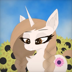 Size: 2048x2048 | Tagged: oc name needed, safe, artist:worny, oc, oc only, pony, unicorn, bedroom eyes, braid, brown eyes, brown mane, cloud, cyrillic, eyelashes, female, flower, fluffy, gradient background, grass, horn, outdoors, shadow, sketch, sky, sky background, slavic, smiling, solo, sunflower, ukraine, ukrainian