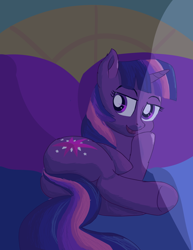 Size: 1480x1920 | Tagged: safe, artist:theponytickler, twilight sparkle, pony, g4, bed, butt, female, lidded eyes, lying down, mare, night, on bed, on side, open mouth, plot, solo, tail, underhoof