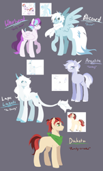 Size: 4816x7950 | Tagged: safe, artist:lilyube, oc, oc only, oc:angelite, oc:blizzard, oc:dakota, oc:lapis lazuli, oc:whirlwind, dracony, earth pony, hybrid, pegasus, pony, bandana, clothes, earth pony oc, female, gray background, horns, interspecies offspring, leonine tail, male, mare, next generation, offspring, parent:applejack, parent:caramel, parent:rainbow dash, parent:rarity, parent:soarin', parent:spike, parents:carajack, parents:soarindash, parents:sparity, pegasus oc, redesign, scarf, simple background, stallion, tail