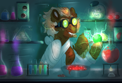 Size: 2200x1500 | Tagged: safe, artist:miyalaflordorada, oc, oc:golden flare, pegasus, pony, bandage, broken bone, broken wing, cast, clothes, colored hooves, colored wings, commission, freckles, halloween, holiday, hooves, indoors, injured, lab coat, laboratory, mad scientist, male, nonbinary, pegasus oc, ponified, potions, short tail, sling, species swap, stallion, tail, unshorn fetlocks, wings