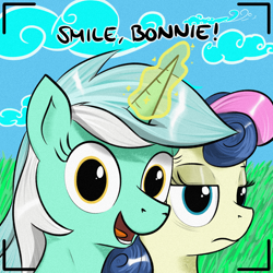 Size: 1512x1512 | Tagged: safe, artist:eels, bon bon, lyra heartstrings, sweetie drops, earth pony, pony, unicorn, g4, adorabon, amused, bon bon is not amused, camera shot, cute, duo, duo female, female, horn, lyra is amused, lyrabetes, magic, outdoors, smiling, telekinesis, unamused, varying degrees of amusement