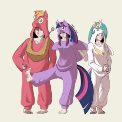 Size: 1200x1200 | Tagged: safe, artist:zackthedraq, big macintosh, princess celestia, twilight sparkle, human, g4, anime, clothes, cosplay, costume, feet, female, fern (frieren: beyond journey's end), frieren, frieren: beyond journey's end, human female, kigurumi, male, ponysuit, stark (frieren: beyond journey's end), twilight sparkle (alicorn)