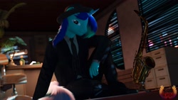 Size: 3840x2160 | Tagged: safe, artist:loveslove, oc, oc only, oc:rocky blues, unicorn, anthro, 3d, chair, clothes, commission, commissioner:rockatdusk, desk, fedora, file cabinet, hat, horn, male, musical instrument, necktie, office, saxophone, shoes, stallion, stallion oc, suit, unicorn oc