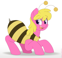 Size: 1950x1840 | Tagged: safe, artist:higglytownhero, cherry berry, earth pony, pony, g4, animal costume, antennae, background pony, bee costume, cherrybetes, clothes, costume, crouching, eye clipping through hair, halloween, halloween costume, happy, holiday, looking at you, nightmare night, nightmare night costume, open mouth, open smile, simple background, smiling, solo, stinger, white background