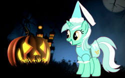 Size: 1155x720 | Tagged: safe, artist:darlycatmake, edit, lyra heartstrings, pony, unicorn, g4, alternate design, amused, beautiful, big smile, clothes, costume, cropped, cute, dress, dressup, female, halloween, halloween costume, happy, hat, haunted house, hennin, holiday, horn, jack-o-lantern, lyra is amused, lyrabetes, majestic, mare, moon, night, pretty, princess, princess lyra heartstrings, pumpkin, smiling, solo, tree