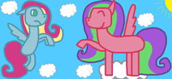 Size: 1024x472 | Tagged: safe, artist:zwolfielove, coconut grove, thistle whistle, pegasus, pony, g3, g4, adult blank flank, amused, blank flank, closed mouth, cloud, coconut grove is amused, cute, duo, eyes closed, female, floppy ears, flying, frown, g3 to g4, generation leap, groveabetes, hooves, lesbian, mare, no eyelashes, no pupils, on a cloud, outdoors, raised hoof, ship:thistlegrove, shipping, sky, smiling, sun, thistle whistle can fly, thistle whistle is not amused, thistlebetes, thistlegrove, unamused, underhoof, varying degrees of want