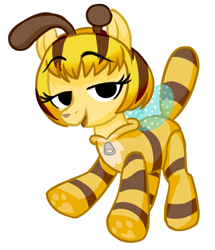 Size: 2983x3475 | Tagged: safe, artist:wtfponytime, earth pony, pony, animal costume, antennae, bee costume, catbee, clothes, costume, crossover, face paint, fake wings, female, filly, foal, headband, onesie, paw prints, ponified, poppy playtime, romper, simple background, solo, white background, yellow coat, yellow fur, yellow mane