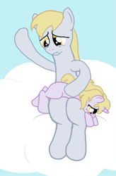 Size: 327x500 | Tagged: safe, derpy hooves, dinky hooves, pegasus, pony, unicorn, g4, cloud, dinkybuse, discipline, duo, duo female, female, filly, foal, horn, mare, mother and child, mother and daughter, on a cloud, outdoors, over the knee, punishment, sad, sitting, sitting on a cloud, sky, spanking