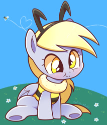 Size: 1200x1409 | Tagged: safe, artist:talimingi, derpy hooves, bee, insect, pegasus, pony, g4, animal costume, antennae, bee costume, blushing, clothes, costume, cute, derpabetes, female, flight trail, flower, headband, heart, mare, outdoors, scrunchy face, sitting, solo, underhoof, weapons-grade cute