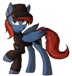 Size: 1800x1900 | Tagged: safe, artist:tatykin, oc, oc only, oc:firewire, pegasus, pony, clothes, enclave, enclave uniform, male, pegasus oc, simple background, solo, stallion, transparent background, uniform, uniform hat, wings