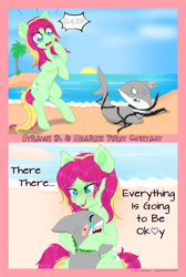 Size: 4091x6105 | Tagged: safe, artist:wojtek-ツ, derpibooru exclusive, oc, oc only, oc:strawi dinosaur, earth pony, pony, shark, beach, bust, chest fluff, comforting, comic, crying, cute, dialogue, earth pony oc, eye clipping through hair, eyebrows, eyebrows visible through hair, fanart, full body, gift art, help me, helpless, hug, lineless, looking at you, ocbetes, ocean, onomatopoeia, open mouth, outdoors, panel, ponysona, raised hoof, reference sheet, sand, shocked, signature, smiling, solo, sun, sunset, tears of joy, unshorn fetlocks, water, wholesome