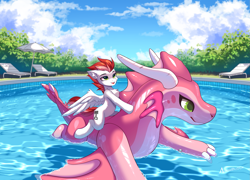 Size: 2535x1825 | Tagged: safe, artist:airiniblock, oc, oc only, oc:swift apex, pegasus, pony, belly, cerisey, cloud, fluffy, imaginary creature factory, inflatable, inflatable toy, inflation valve, opaque inflatable, outdoors, pegasus oc, pool toy, riding, sky, spread wings, swimming pool, water, wings