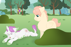 Size: 1754x1155 | Tagged: safe, artist:rainbowswetiie, oc, oc only, oc:aurora (rainbowswetiie), oc:brainer, butterfly, dracony, hybrid, pegasus, pony, bruised, bush, colt, crying, duo, eyes closed, female, filly, floppy ears, foal, interspecies offspring, lying down, male, next generation, offspring, outdoors, parent:bulk biceps, parent:fluttershy, parent:rarity, parent:spike, parents:flutterbulk, parents:sparity, prone, sploot, tree, unamused