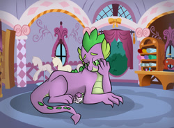 Size: 1039x769 | Tagged: safe, artist:rainbowswetiie, spike, oc, oc:aurora (rainbowswetiie), dracony, dragon, hybrid, pony, g4, adult, adult spike, carousel boutique, duo, father and child, father and daughter, female, filly, foal, indoors, interspecies offspring, lying down, male, offspring, older, older spike, parent:rarity, parent:spike, parents:sparity, prone, wingless spike