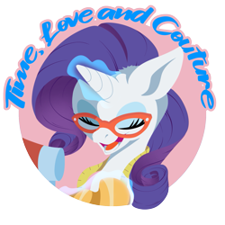 Size: 1511x1512 | Tagged: safe, artist:turkojar, rarity, pony, unicorn, canterlot boutique, g4, my little pony: friendship is magic, bust, eyes closed, fabric, glasses, glowing, glowing horn, horn, magic, measuring tape, open mouth, open smile, portrait, rarity's glasses, rules of rarity, sewing machine, simple background, smiling, telekinesis, transparent background