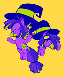 Size: 1021x1227 | Tagged: safe, artist:tricky_cannon, oc, oc only, oc:tricky apple, bat pony, pony, bat pony oc, female, full body, hat, limited palette, mare, purple coat, simple background, solo, trace, witch hat, yellow background